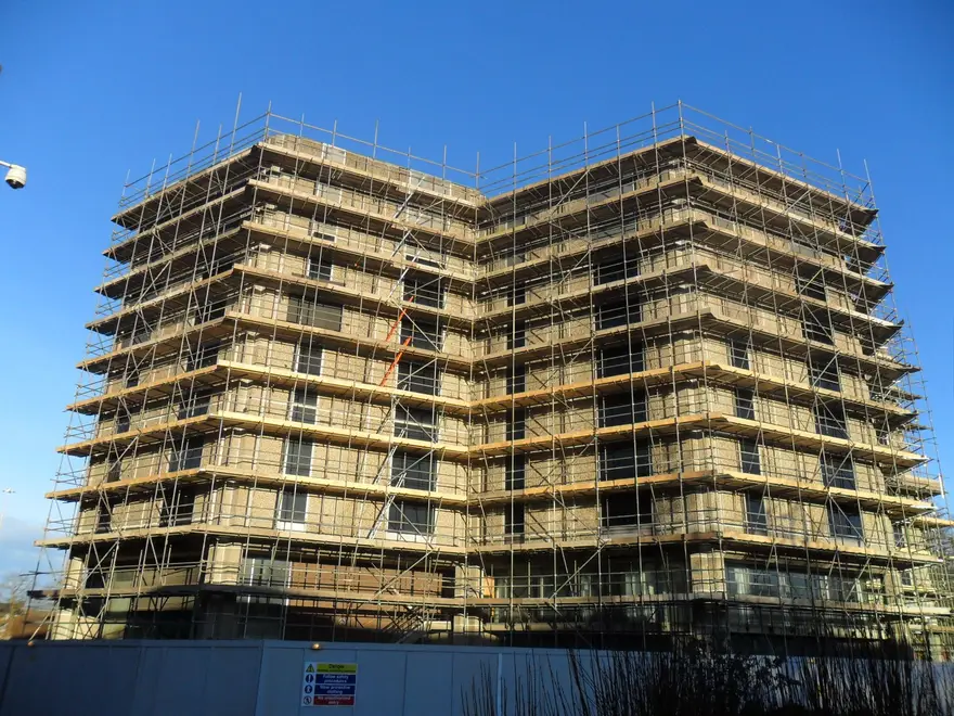Full-height scaffold around the old council offices in Reading ahead of demolition